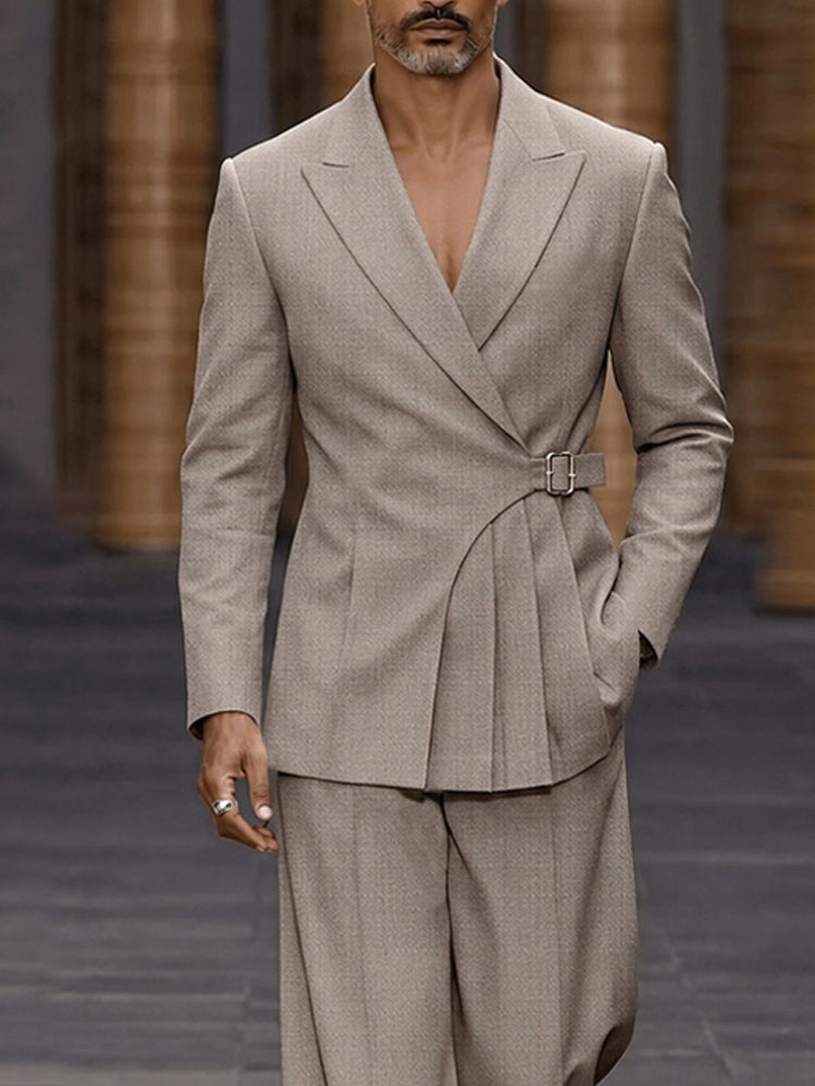 Smart Casual Pleated Design Suit Set - Khaki