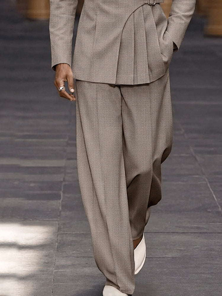Smart Casual Pleated Design Suit Set - Khaki