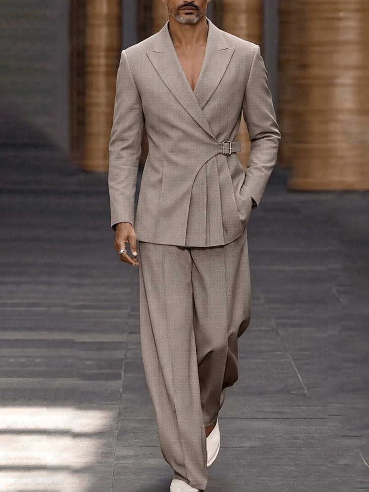 Smart Casual Pleated Design Suit Set - Khaki