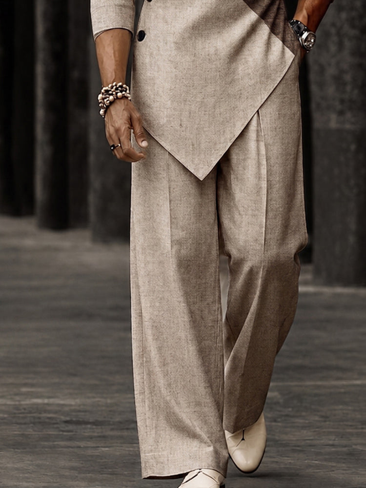 Effortless Style Colorblock T-Shirt Pants Set - Khaki-Long Sleeve