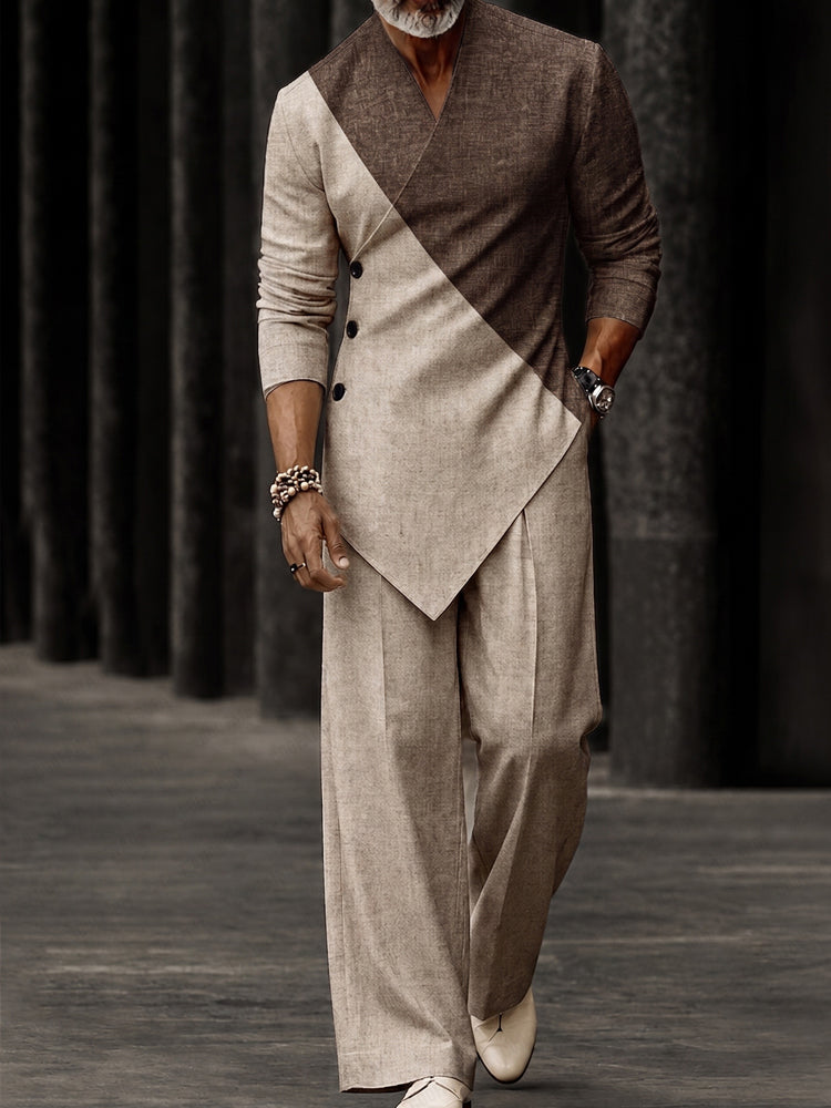 Effortless Style Colorblock T-Shirt Pants Set - Khaki-Long Sleeve
