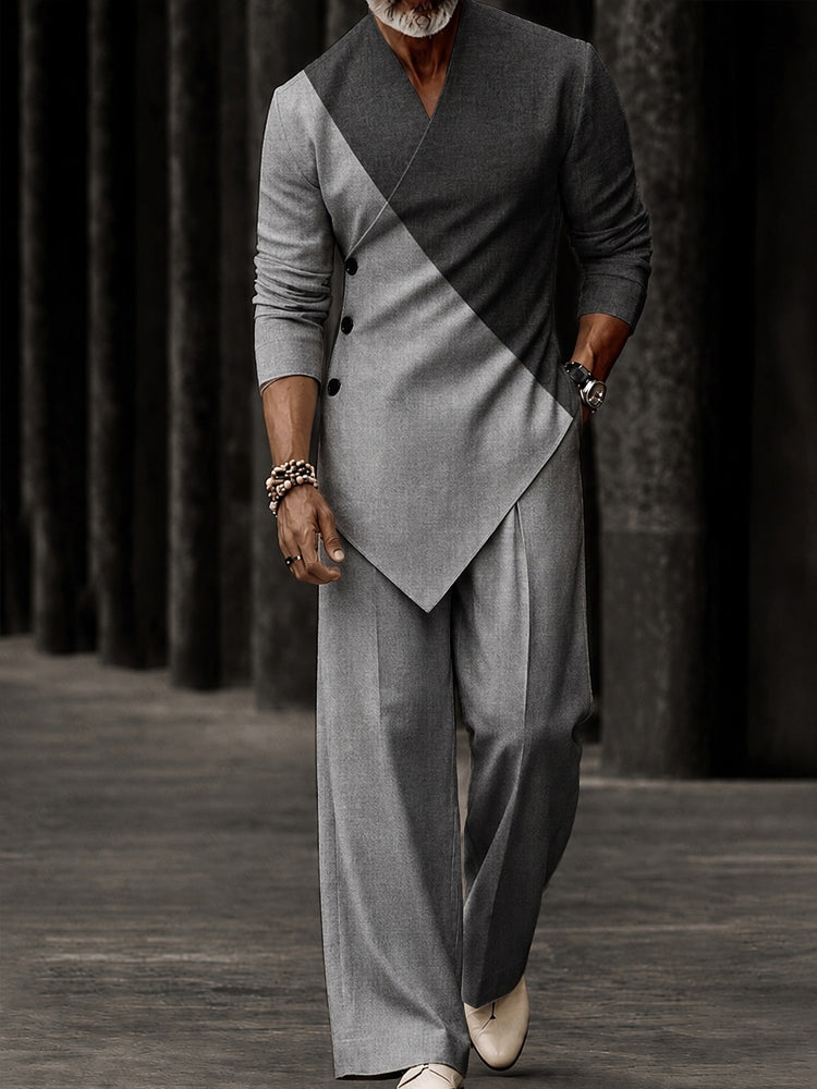 Effortless Style Colorblock T-Shirt Pants Set - Gray-Long Sleeve