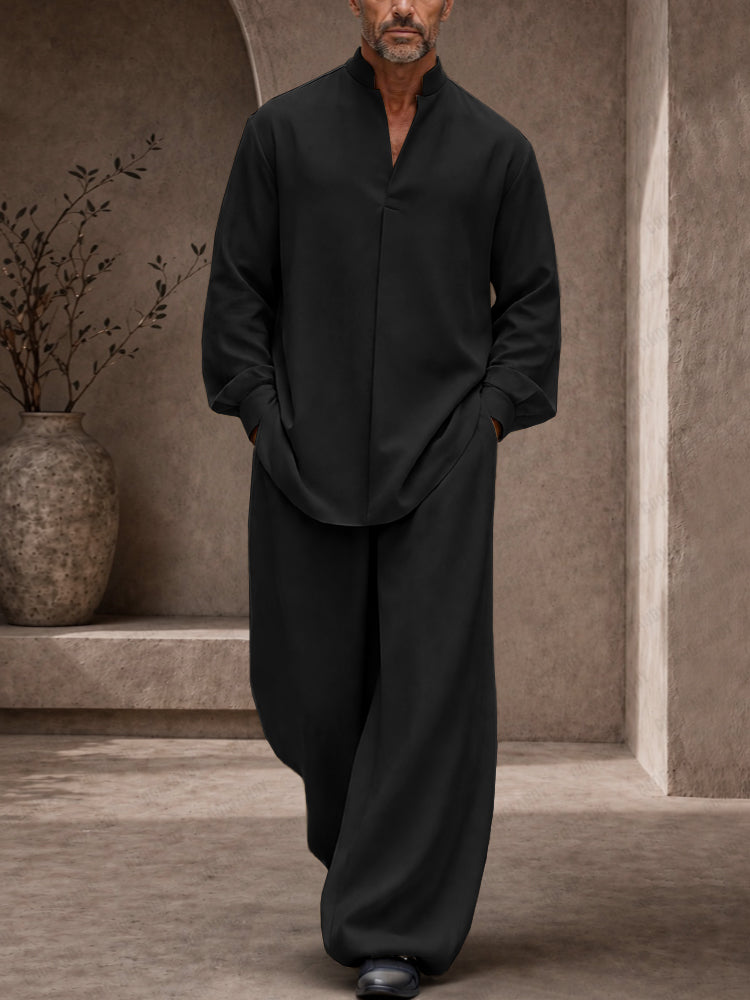 Casual Loose Button Accents Sleeve Shirt Pants Set - Black02