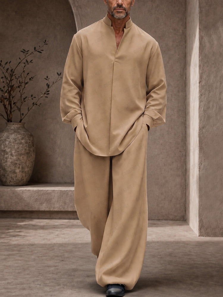 Casual Loose Button Accents Sleeve Shirt Pants Set - Khaki