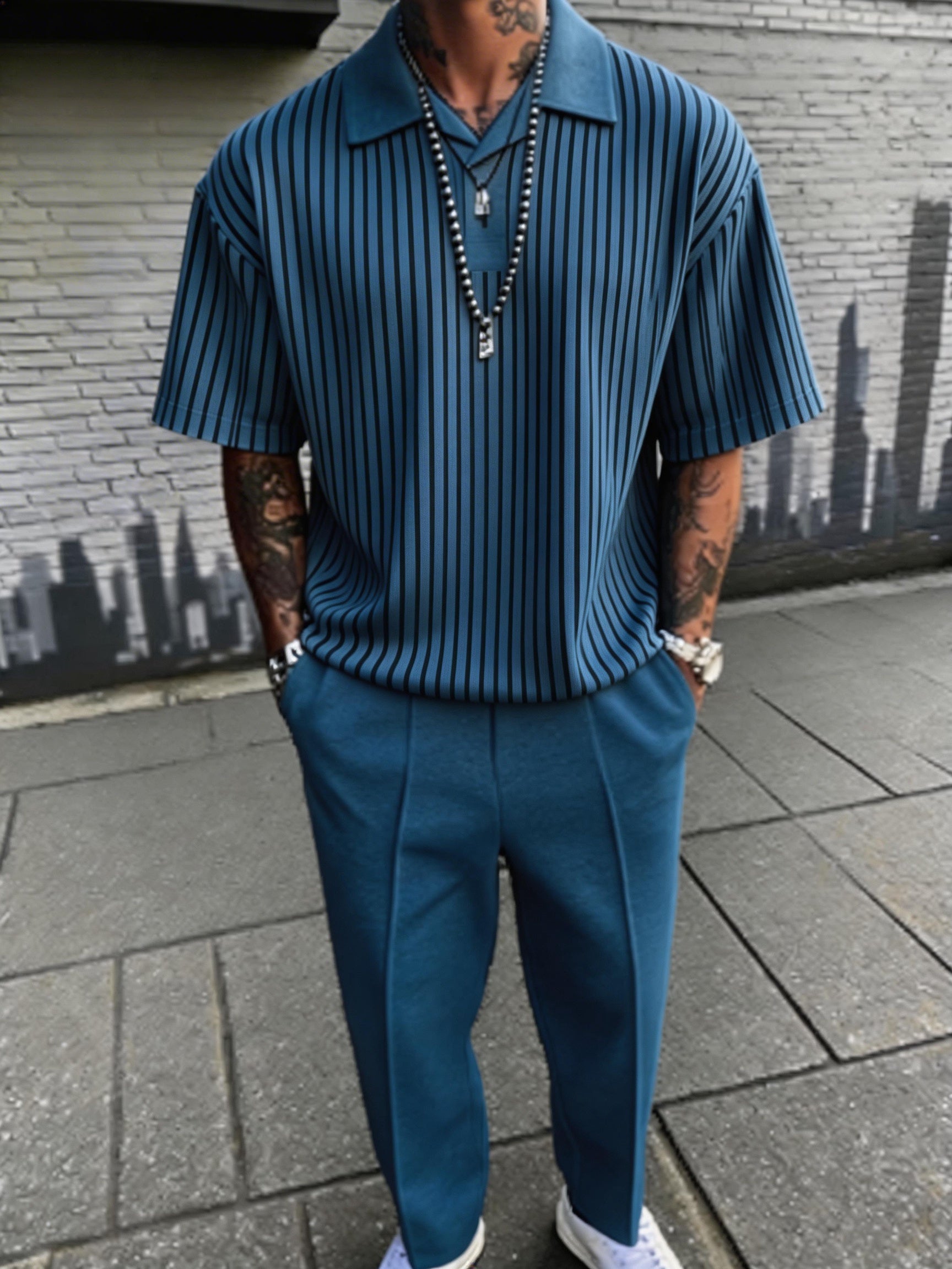 Vertical Striped Polo Shirt and Trousers 2 Piece Set - Blue