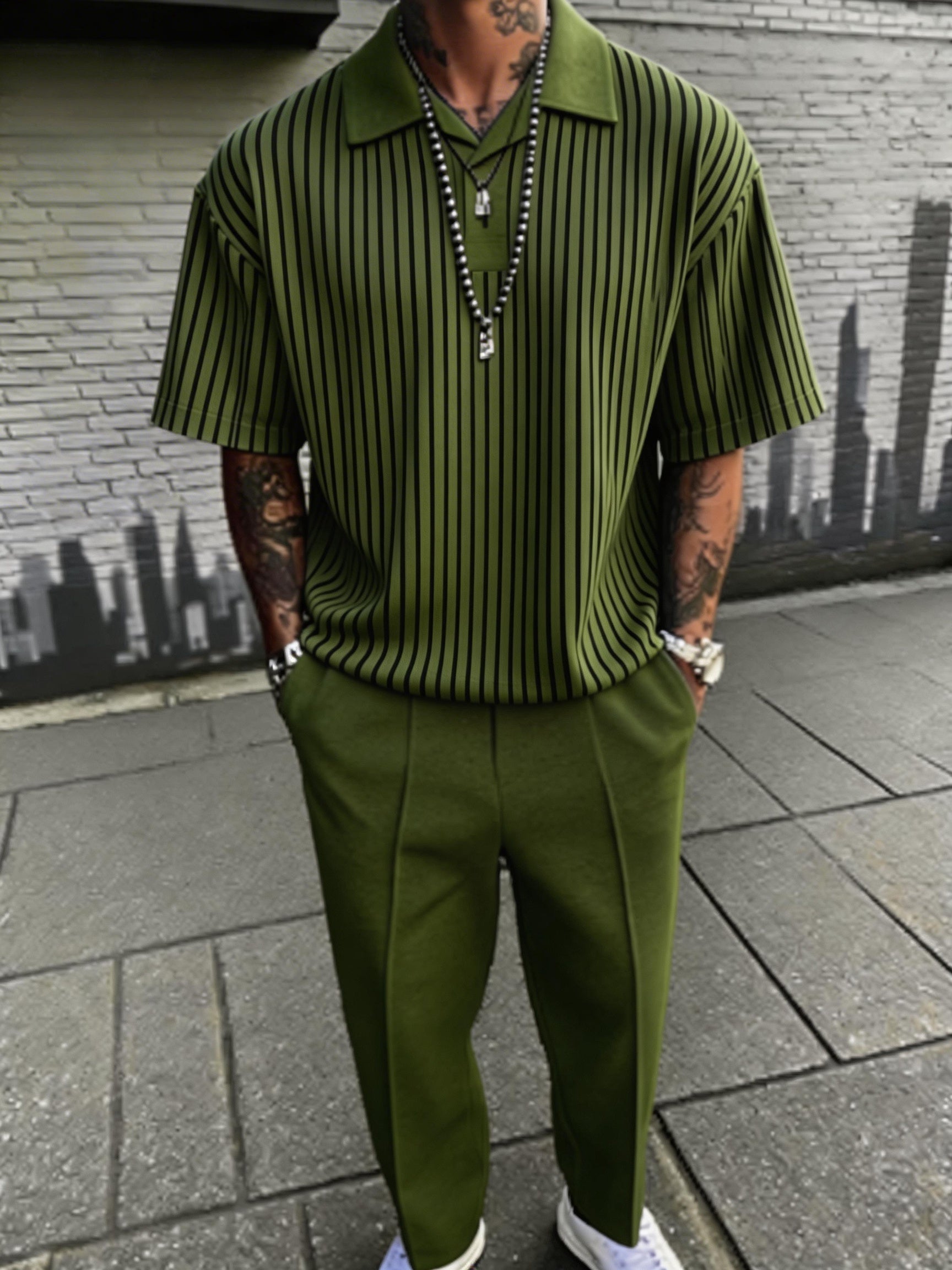 Vertical Striped Polo Shirt and Trousers 2 Piece Set - Green