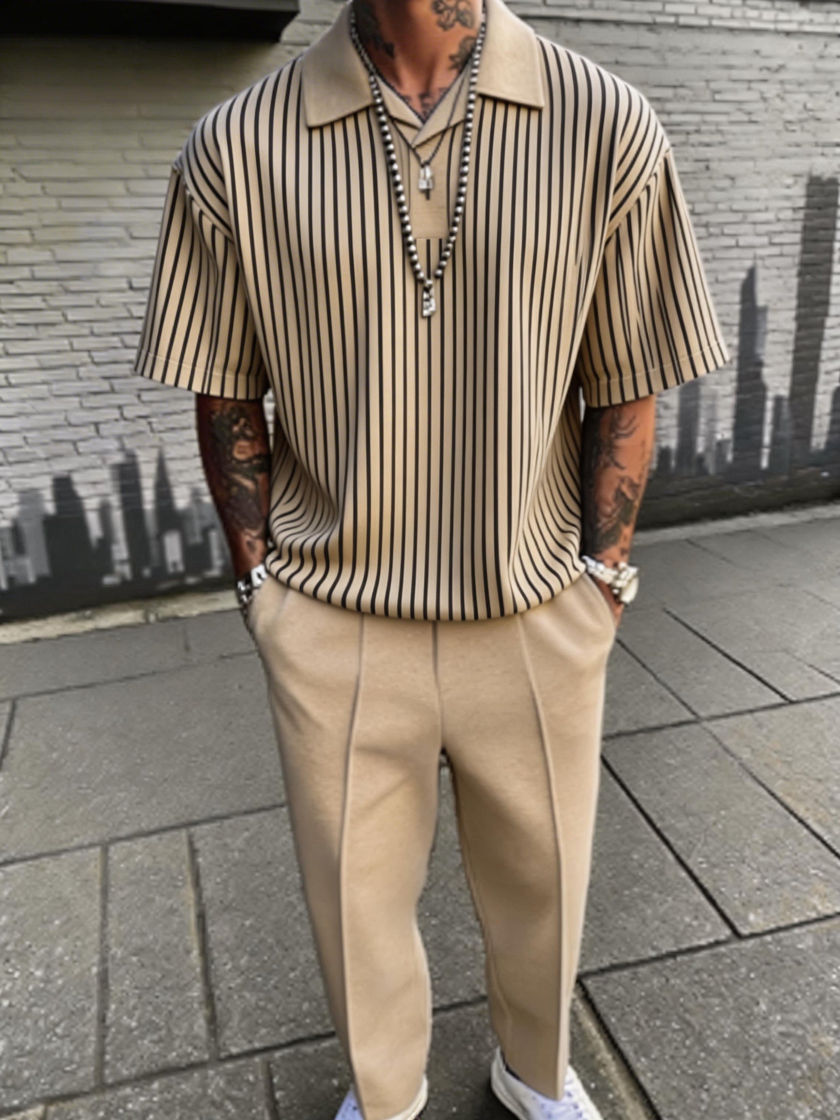 Vertical Striped Polo Shirt and Trousers 2 Piece Set - Khaki