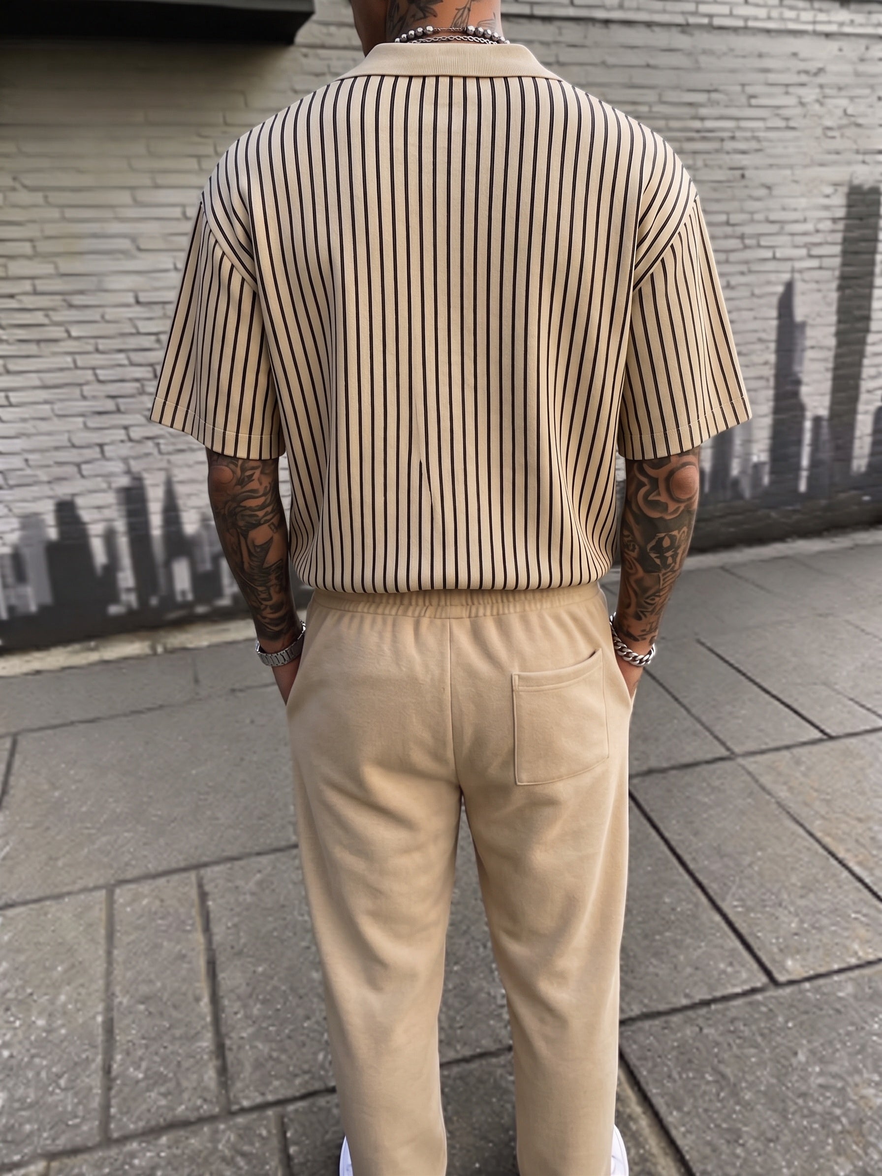 Vertical Striped Polo Shirt and Trousers 2 Piece Set - Khaki