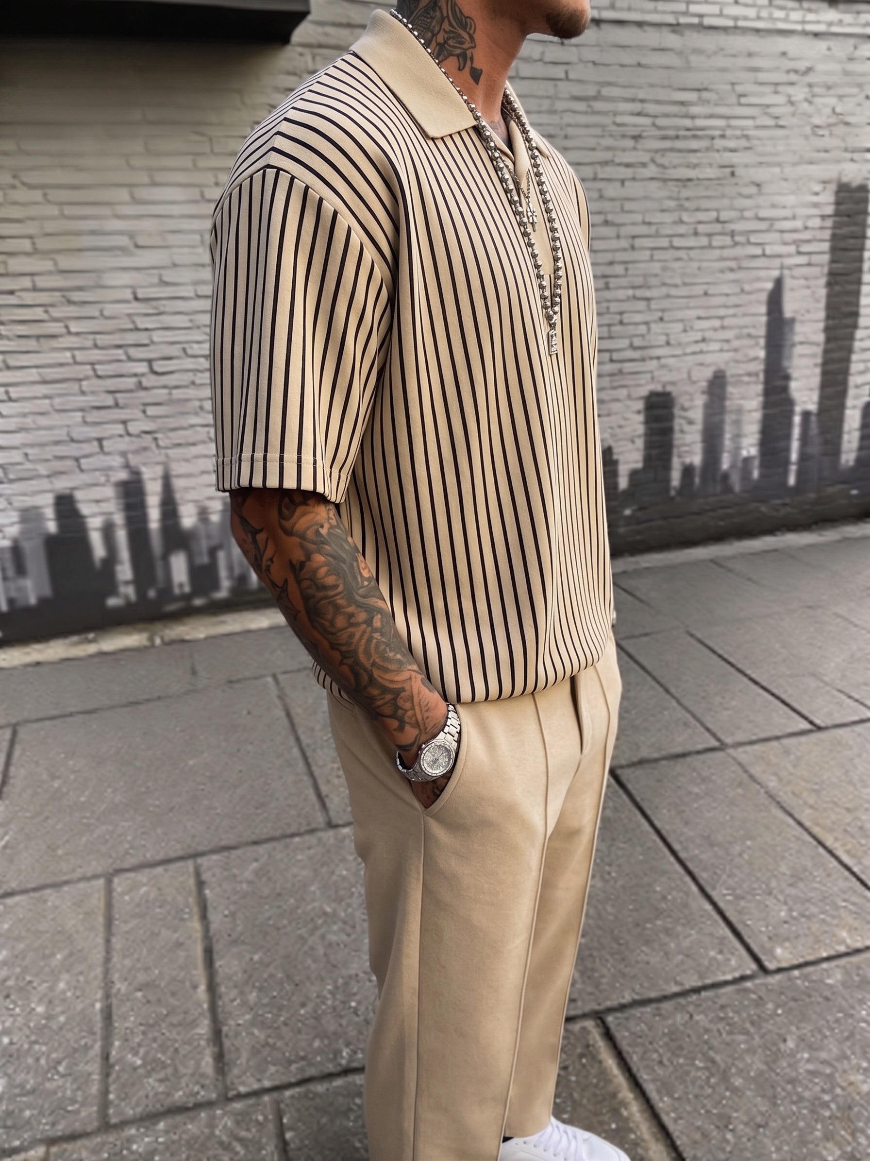 Vertical Striped Polo Shirt and Trousers 2 Piece Set - Khaki