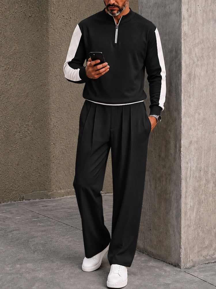 Urban Casual Contrast Sporty Polo Pants Set - Black