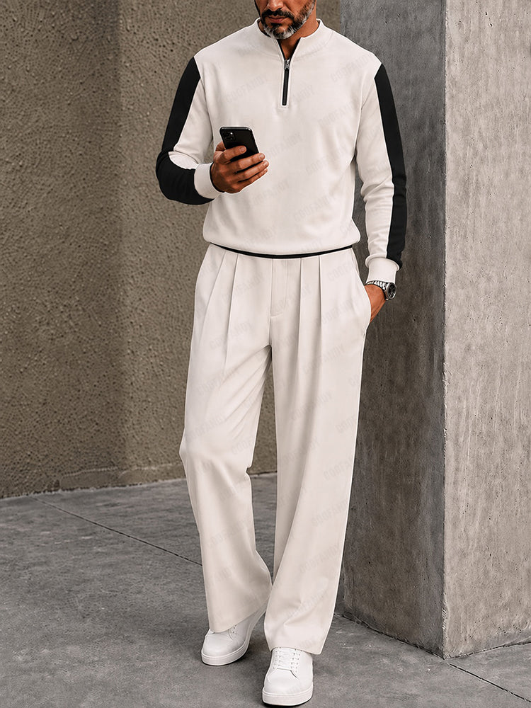 Urban Casual Contrast Sporty Polo Pants Set - Beige