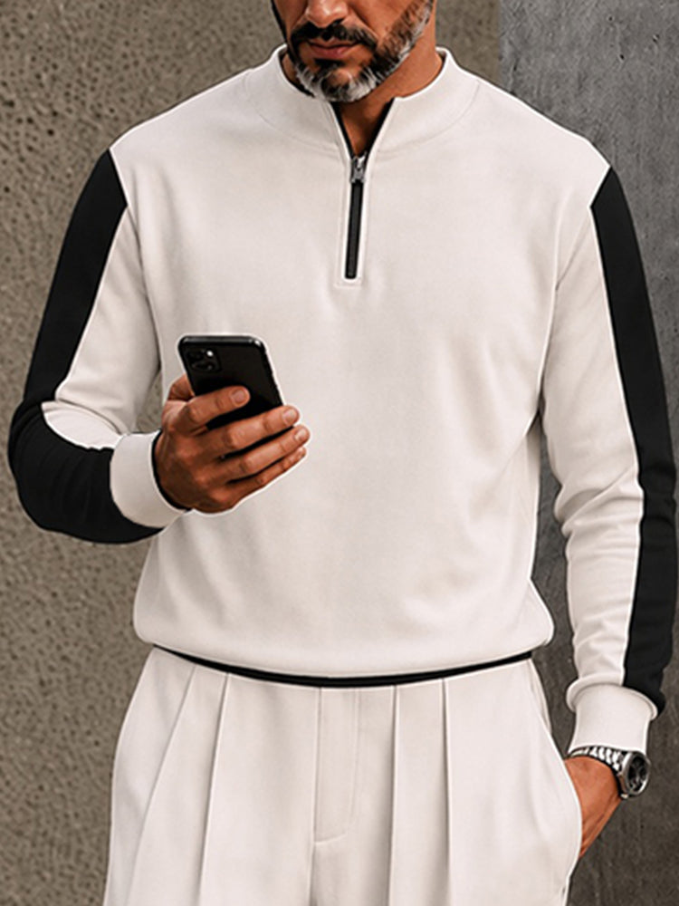 Urban Casual Contrast Sporty Polo Pants Set - Beige