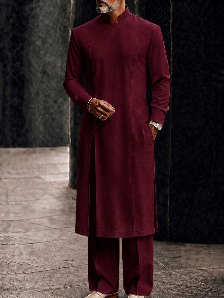Versatile Pocketed Longline Top Pants Set - Wine Red
