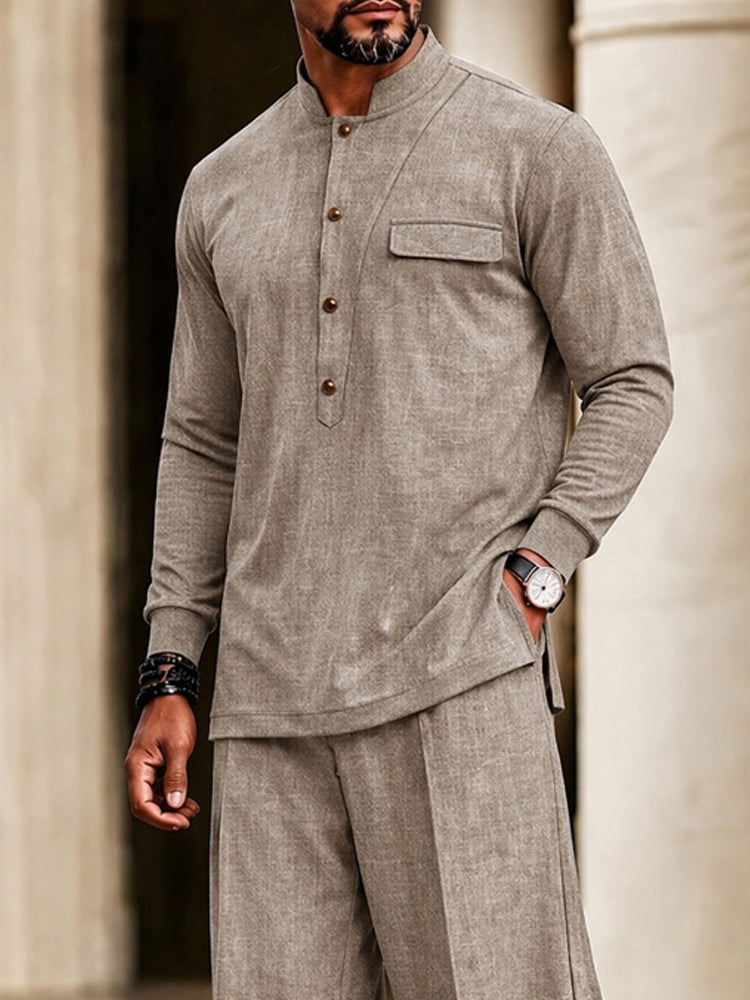 Casual Comfort Side Slit Shirt and Pants Set - Khaki