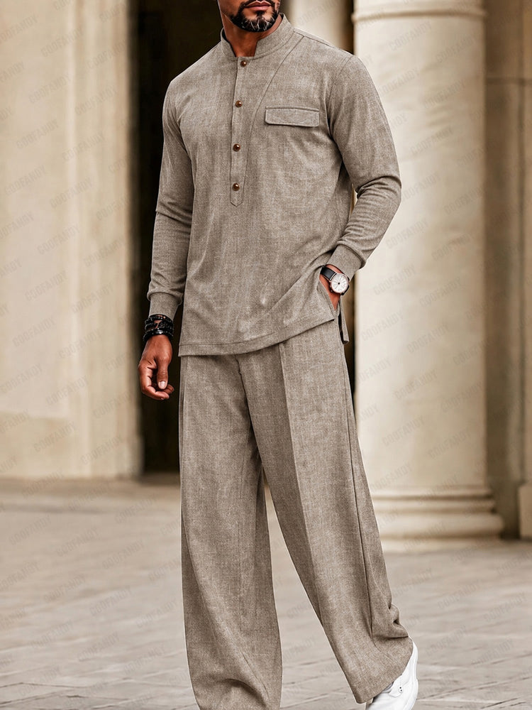 Casual Comfort Side Slit Shirt and Pants Set - Khaki