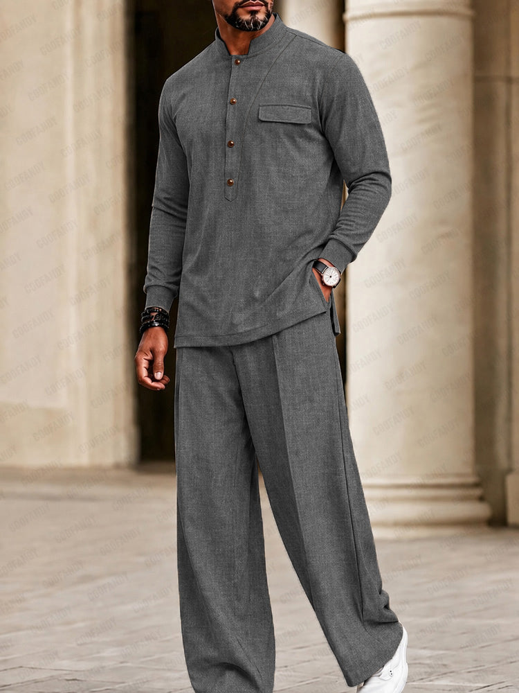 Casual Comfort Side Slit Shirt and Pants Set - Gray
