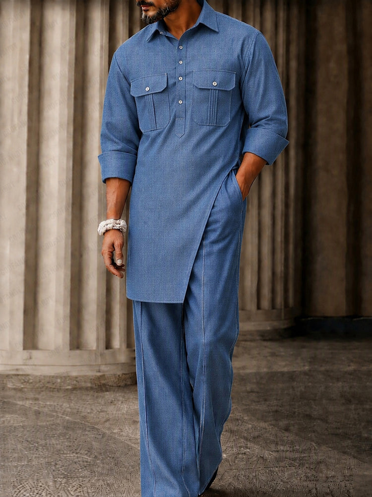 Elevated Casual Longline Tunic Shirt Pants Set - Blue