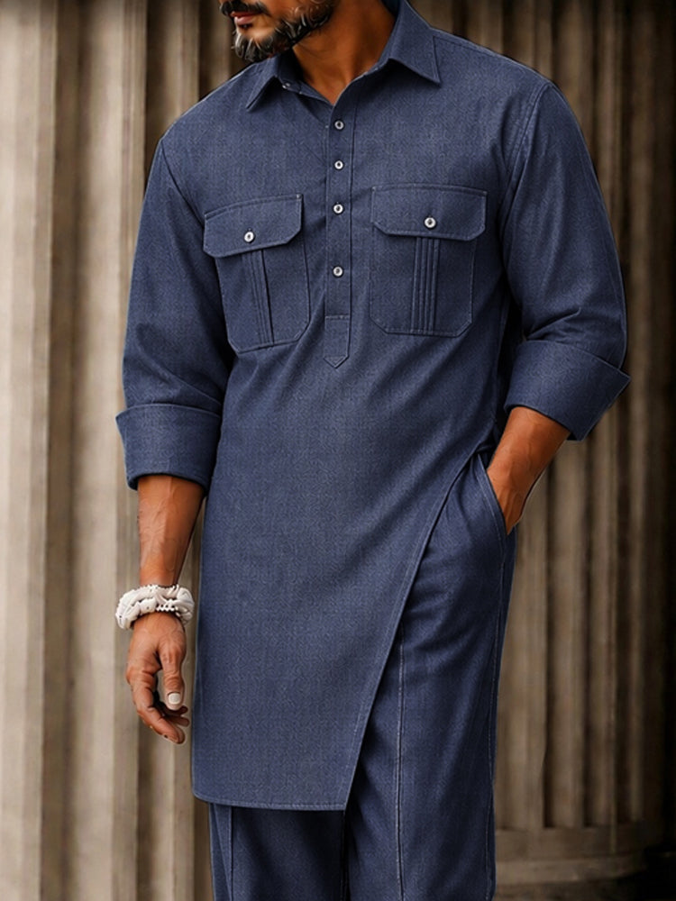 Elevated Casual Longline Tunic Shirt Pants Set - Navy Blue