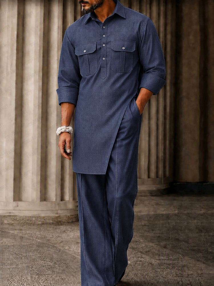 Elevated Casual Longline Tunic Shirt Pants Set - Navy Blue
