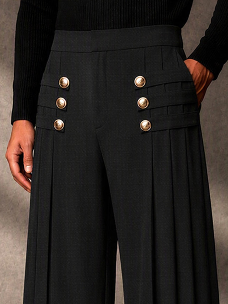 Refined Button Decor Front Pleats Suit Pants - Black