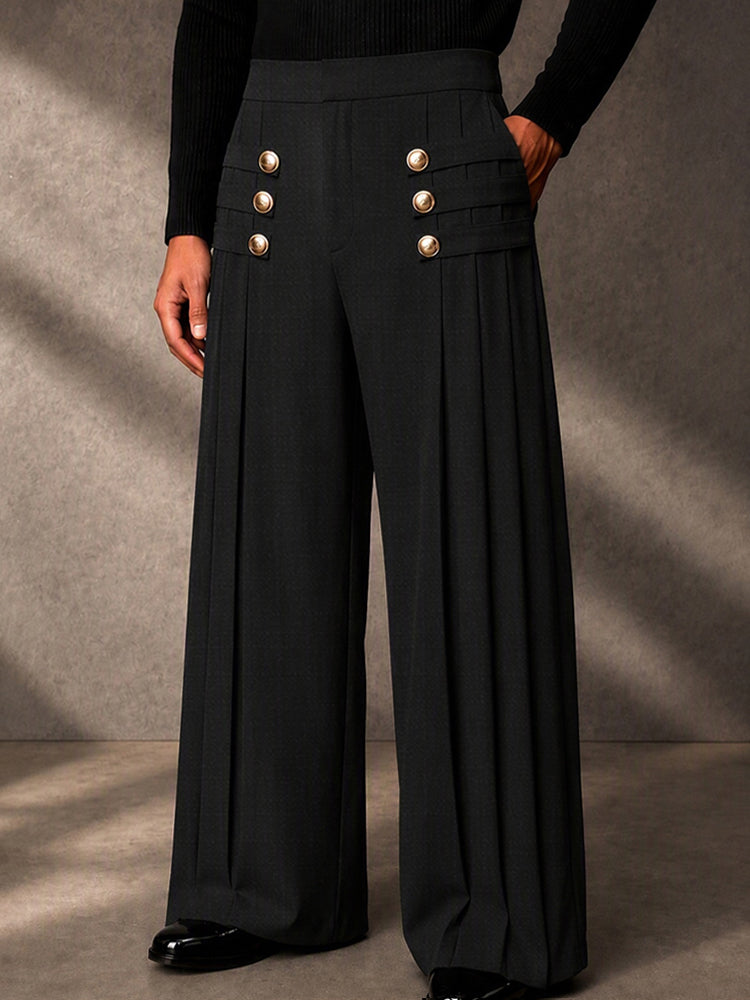 Refined Button Decor Front Pleats Suit Pants - Black