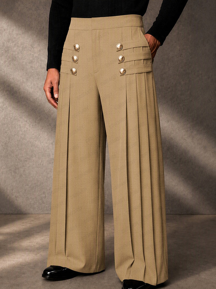 Refined Button Decor Front Pleats Suit Pants - Khaki