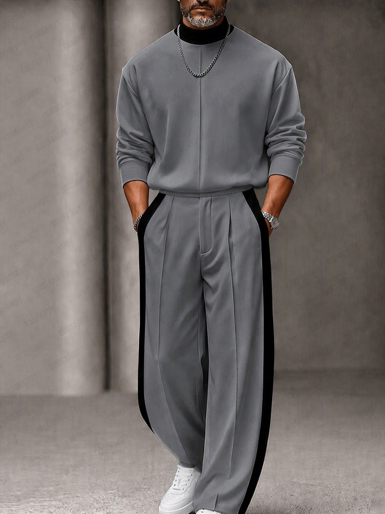 Urban Contrast Rib Mock Neck Top Pants Set - Gray