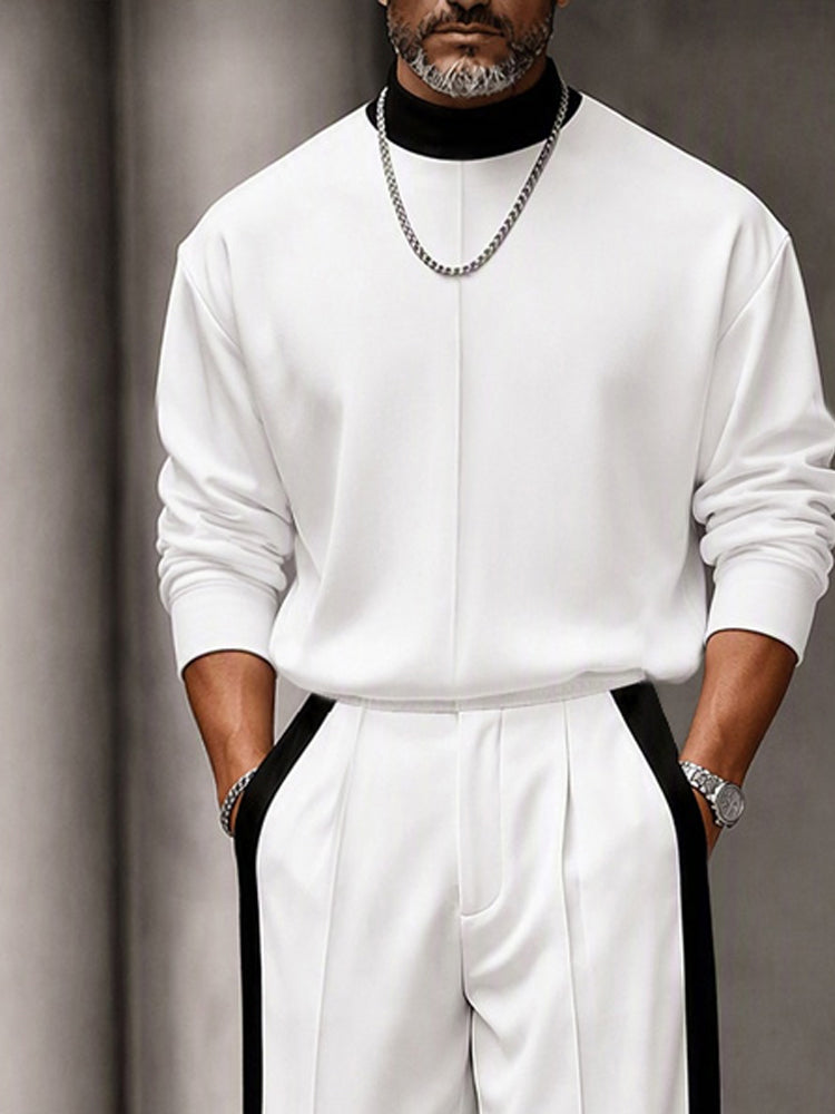 Urban Contrast Rib Mock Neck Top Pants Set - White