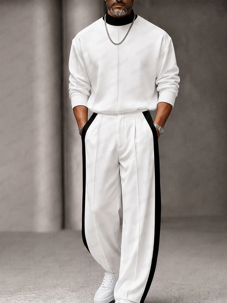 Urban Contrast Rib Mock Neck Top Pants Set - White