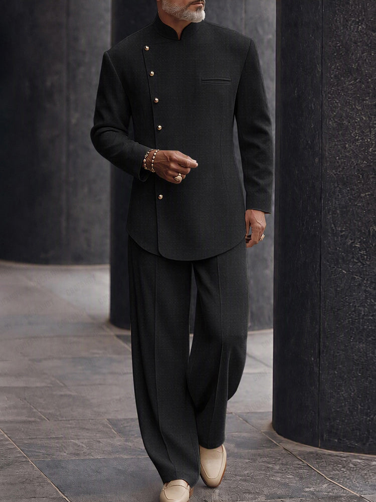 Versatile Asymmetric Placket Blazer Pants Set - Black
