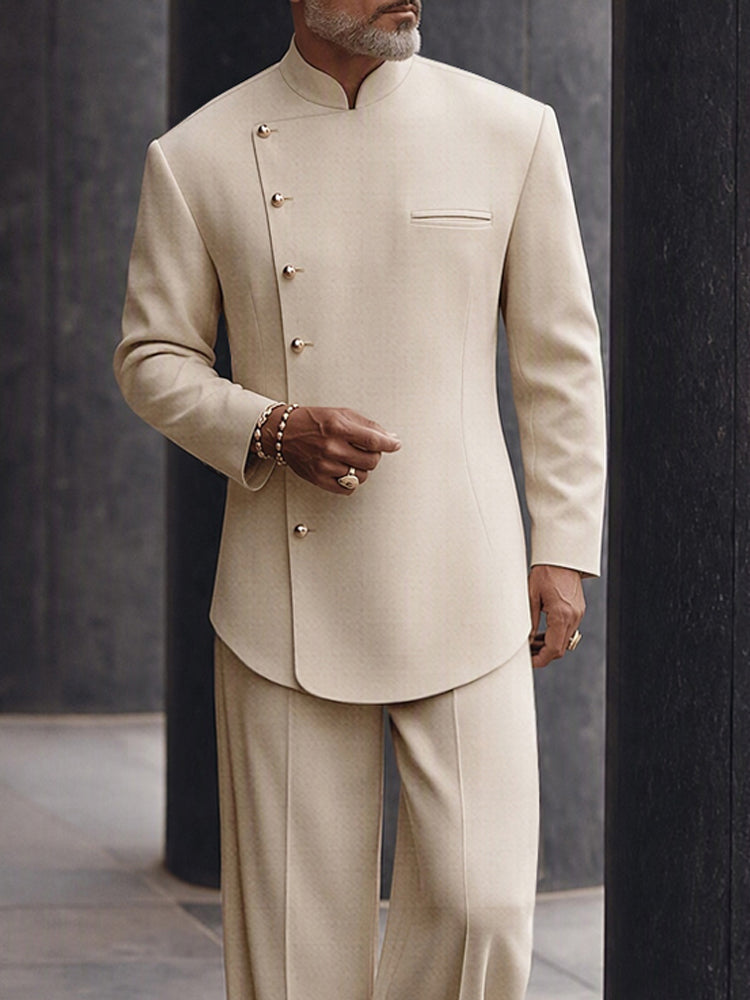 Versatile Asymmetric Placket Blazer Pants Set - Apricot