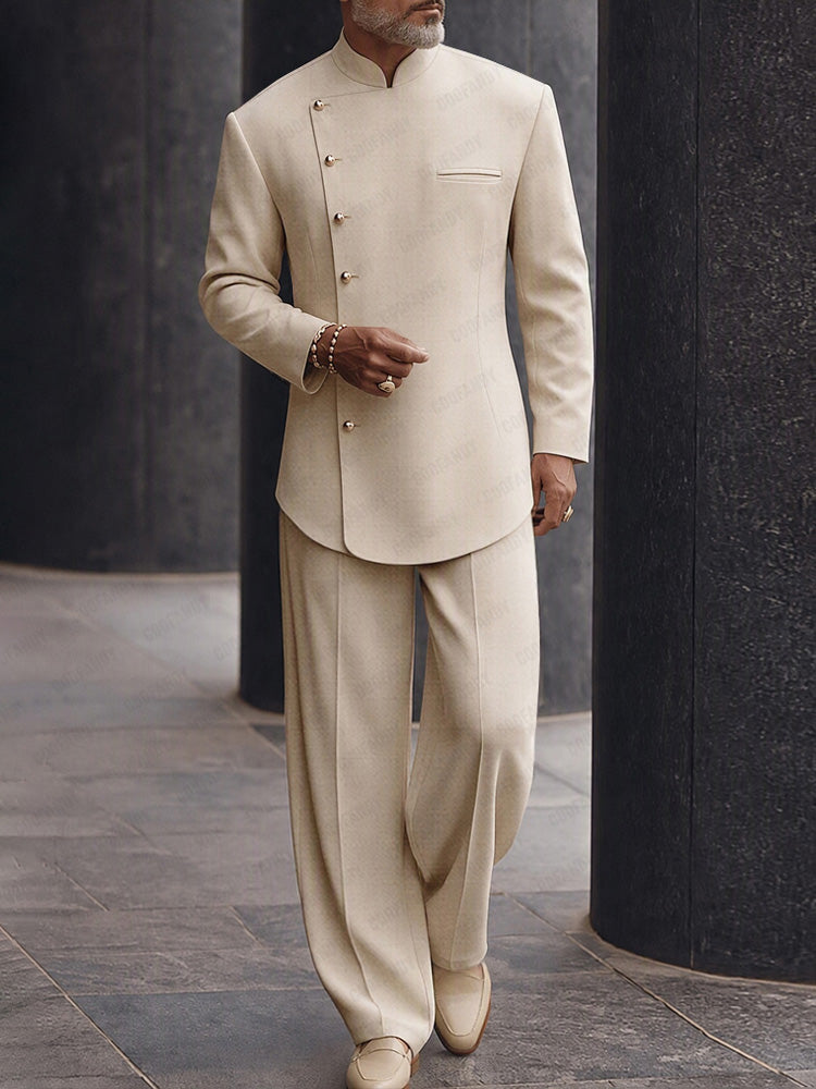 Versatile Asymmetric Placket Blazer Pants Set - Apricot