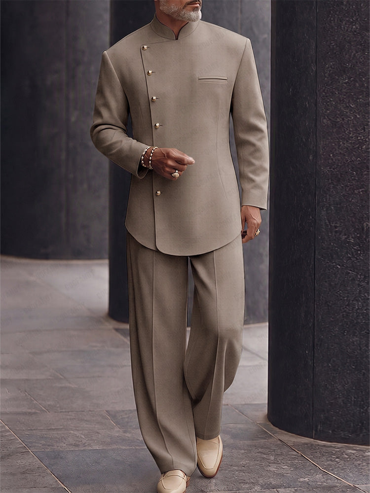 Versatile Asymmetric Placket Blazer Pants Set - Khaki