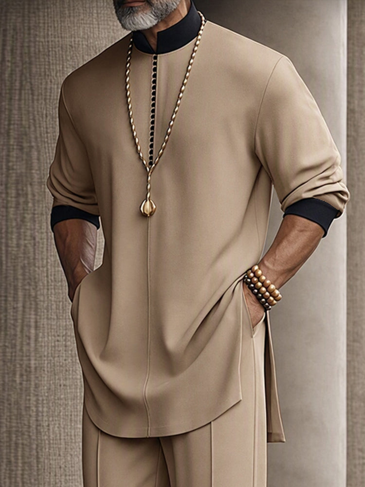 Casual Relaxed Contrast Detail Shirt Pants Set - Khaki