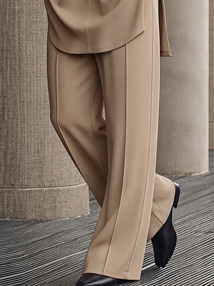 Casual Relaxed Contrast Detail Shirt Pants Set - Khaki