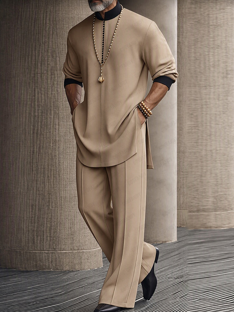 Casual Relaxed Contrast Detail Shirt Pants Set - Khaki