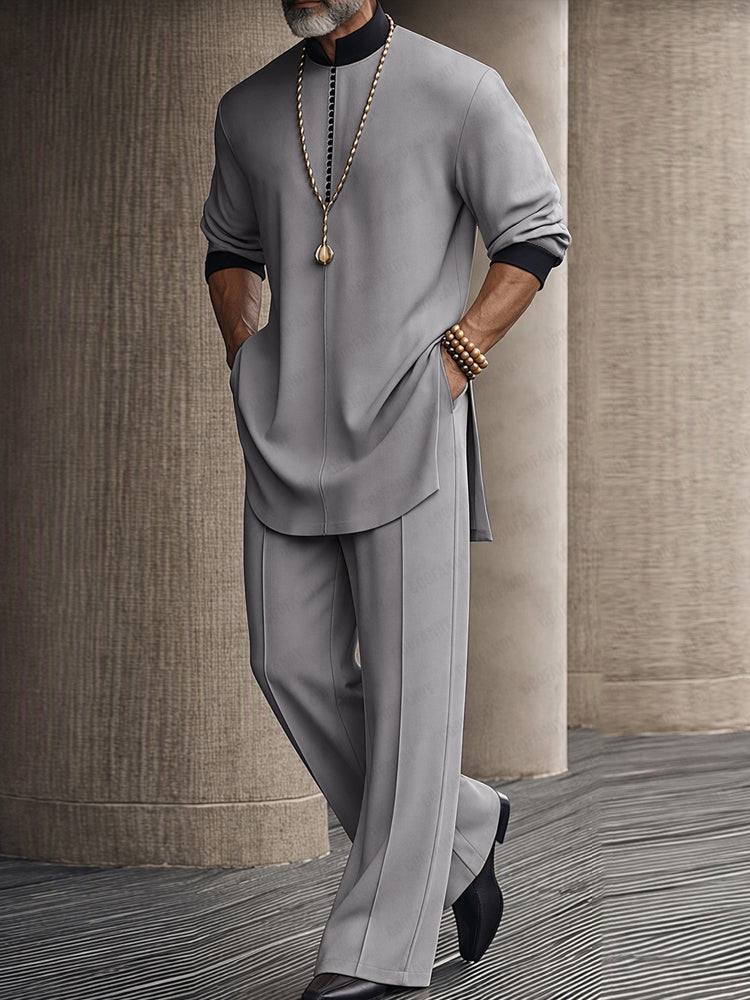 Casual Relaxed Contrast Detail Shirt Pants Set - Gray