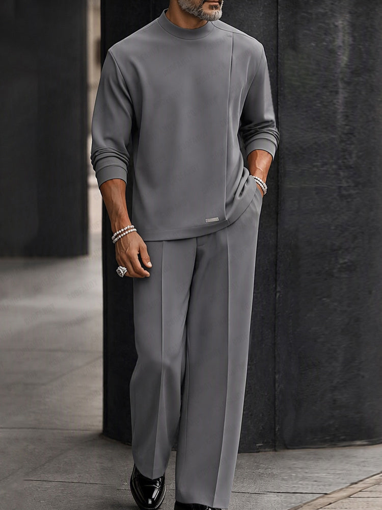 Smart Casual Pleated Design Top Pants Set - Gray
