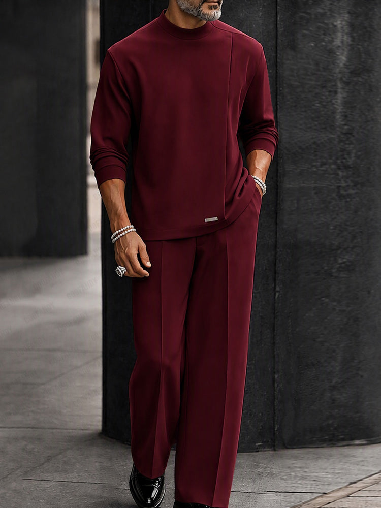 Smart Casual Pleated Design Top Pants Set - Wine Red