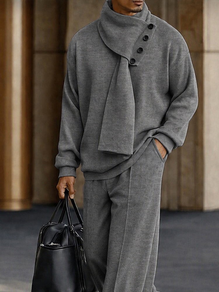 Modern 3-in-1 Detachable Scarf Top Pants Set - Gray