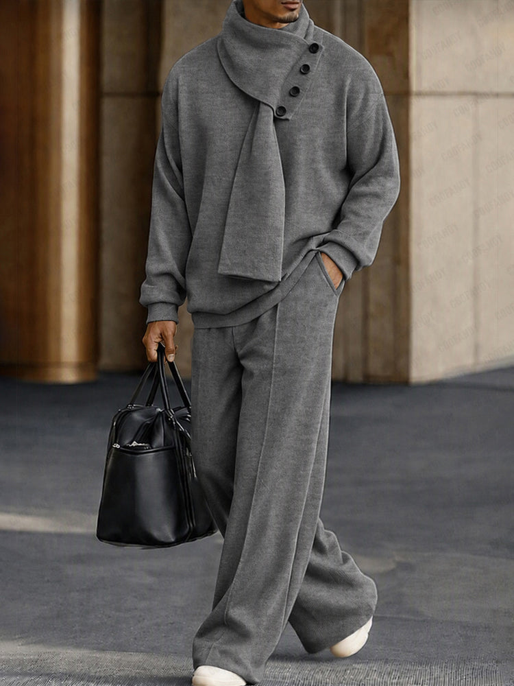 Modern 3-in-1 Detachable Scarf Top Pants Set - Gray
