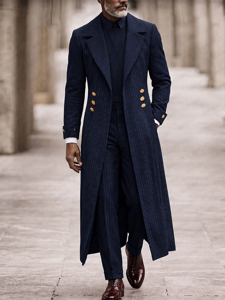 Luxury Longline Pinstripe Coat Blazer - Navy Blue