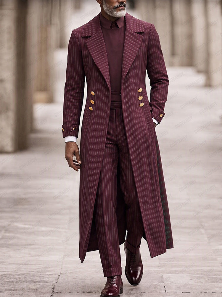 Luxury Longline Pinstripe Coat Blazer - Wine Red