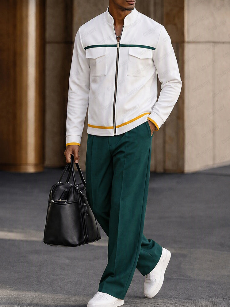 Sporty Contrast Color Jacket Pants Set - Army Green