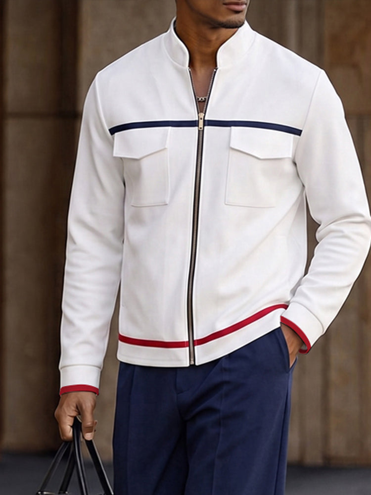 Sporty Contrast Color Jacket Pants Set - Navy Blue