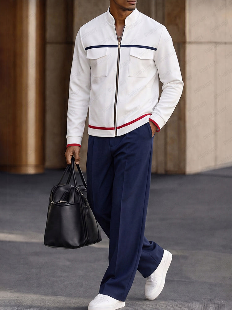 Sporty Contrast Color Jacket Pants Set - Navy Blue