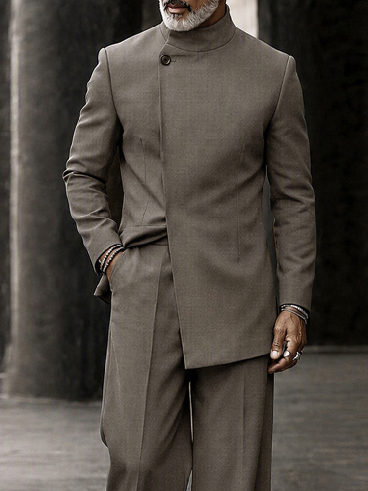 Smart Casual Mandarin Collar Suit Set - Gray