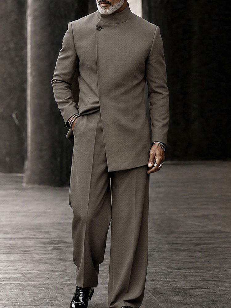 Smart Casual Mandarin Collar Suit Set - Gray