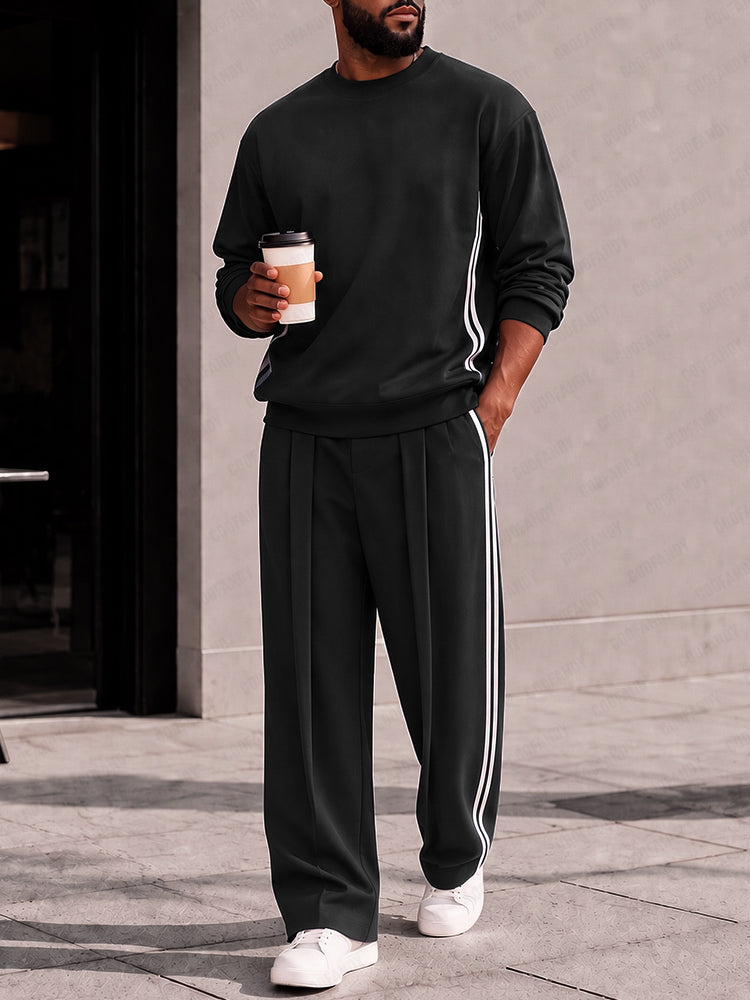 Athleisure Contrast Stripe Sweatshirt Pants Set - Black
