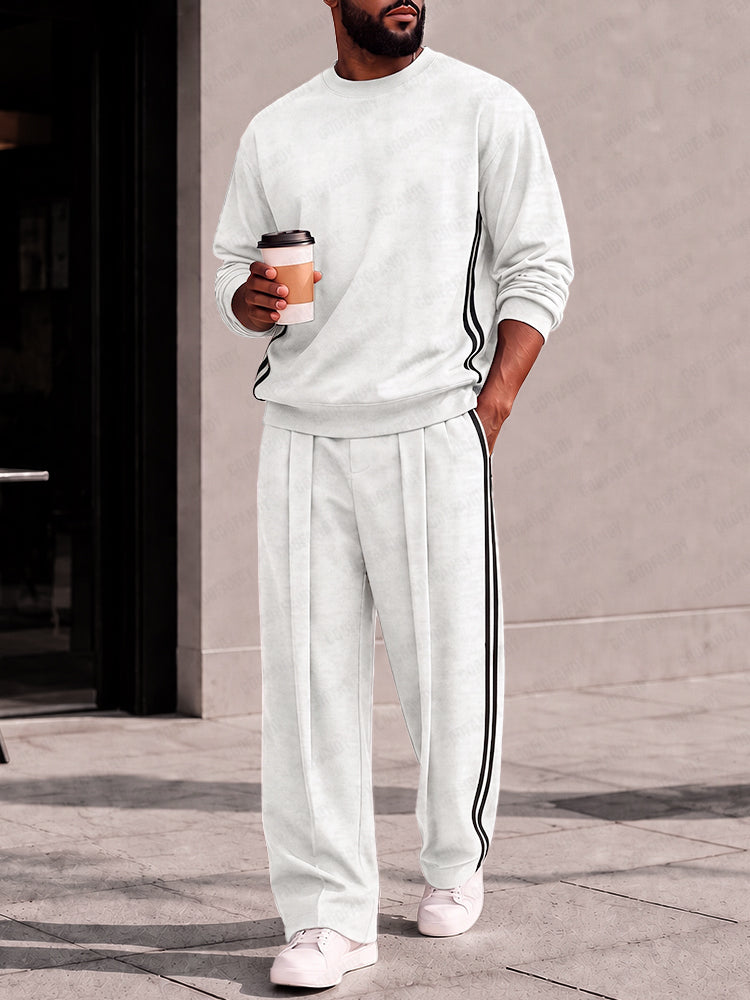 Athleisure Contrast Stripe Sweatshirt Pants Set - White